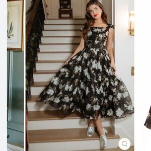 Ivy City Co Dress I Feel Pretty Magnolia Black Floral Print Midi Cap Sleeve 6